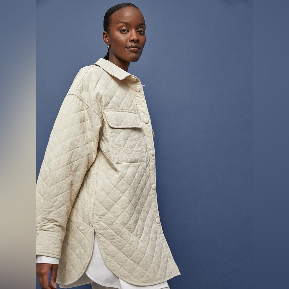 H&M Womens Beige Quilted Shirt‎ Jacket Shacket XS Snap Front